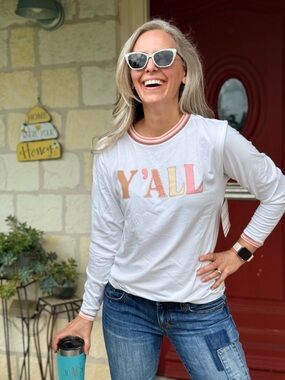 NEW White Long-Sleeve Graphic Tee with Pastel Y'ALL Print Country T-Shirt